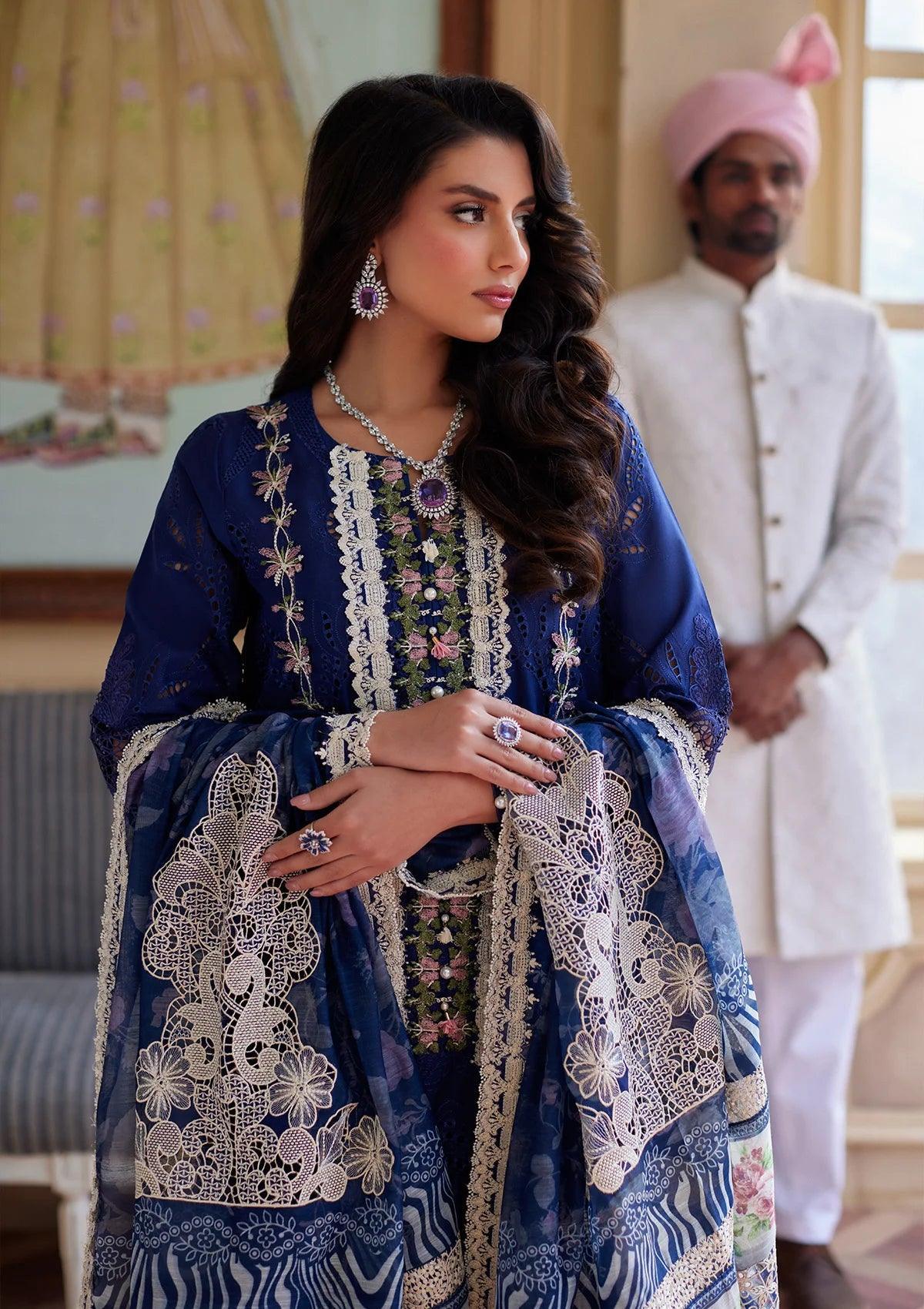 YALINA royal blue dress with Schiffli Lawn from  ELAF's "EID EDIT" 2024 Collection.